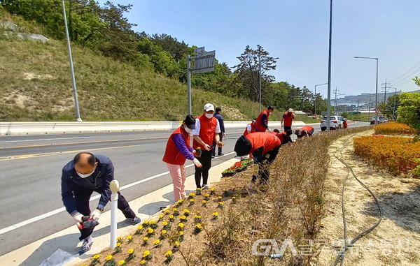 (사진제공:경주시)감포읍에서 주민자치위원회 위원들과 함께 달방고개 소공원에 꽃을 식재하고 있다.