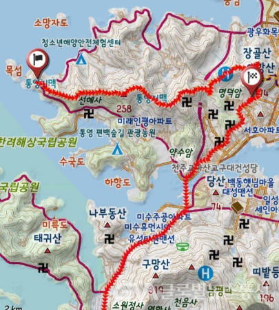 (사진:구반회해설가) 통영 3개 둘레산 종주산행 지도