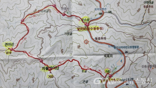(사진: 구반회생태해설가) 가평의 오지산 2개 봉우리 종주 지도