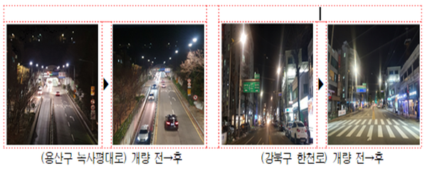 (사진제공: 서울시)노후 가로등 개량 전ㆍ후 도로 전경