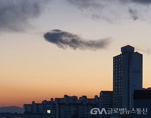 (사진제공:오호현)한마리 큰 잉어 형상의 구름이 동트는 아침에 동쪽하늘에 떴다