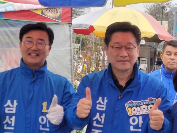 (사진:글로벌뉴스통신 황성배 기자)  안호영 3선 국회의원 당선자는 " 3선의 힘으로  3배 빠르게 추진 하겠다"고 하였다